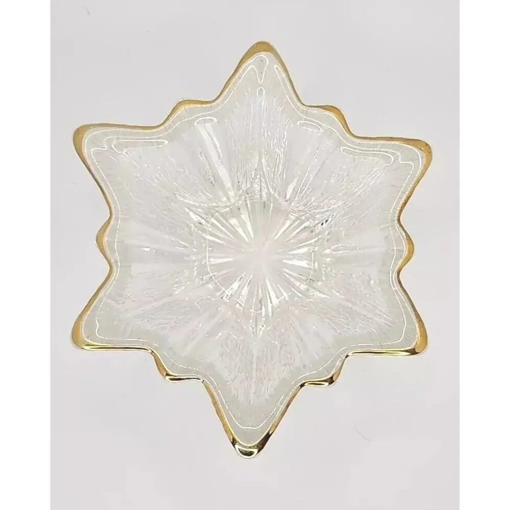 Home Beautiful Glass‎ Candle Holder Dish Star Gold Rim Cut Bark Design 5